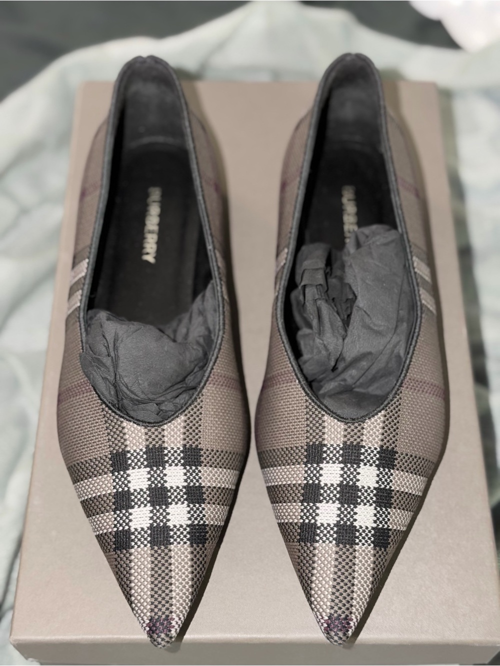 Burberry Plaid Pointed-Toe Flats in Taupe, Black and White